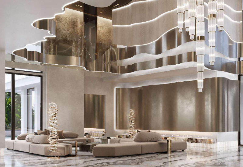 Brickell Drive waterfront development — living room rendering, alternate view