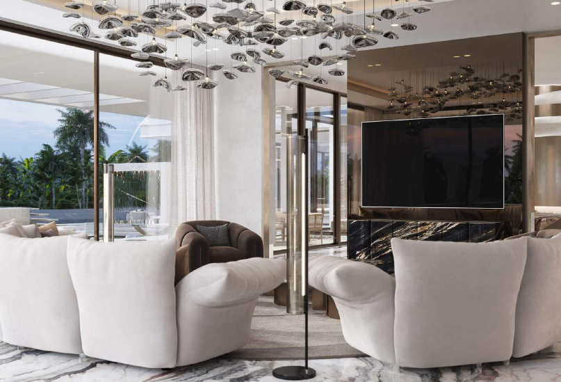 Brickell Drive waterfront development — living room rendering