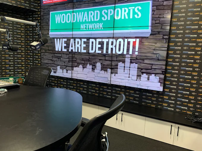 Woodward Sports Network studio set with We Are Detroit video wall